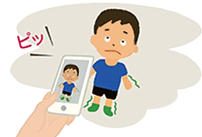 けいれんをしている男の子をスマホで撮影するイラスト